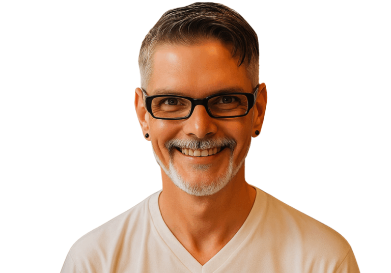 Lächelnder Mann mit Brille und grauem Bart, trägt ein weißes T-Shirt Treppenlift Experten Lächelnder Mann mit Brille und grauem Bart, trägt ein weißes T-Shirt Treppenlift Experten